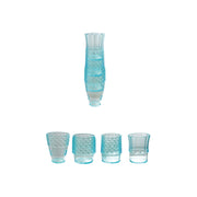 Set of blue textured glassware including a vase and four cups on a white background
