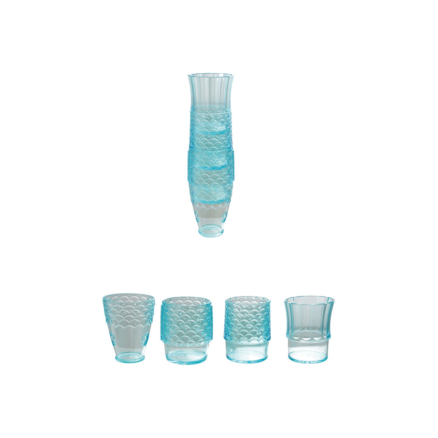 Set of blue textured glassware including a vase and four cups on a white background