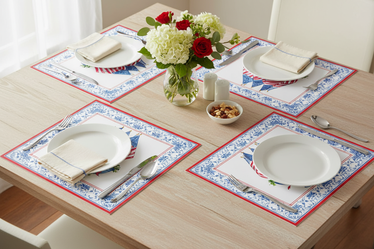 Flags in Chinoiserie Planter Square Placemat Roseanne Beck - table scape on wooden table 