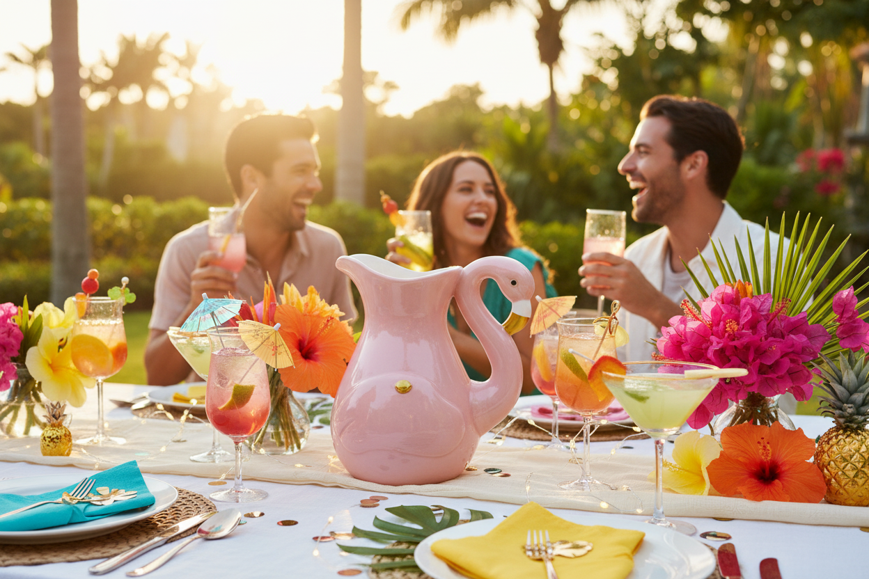 Pink flamingo ceramic pitcher as centerpiece of a festive adult outdoor party table with cocktail glasses and tropical floral decor"