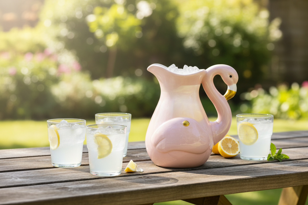 "Pink flamingo ceramic pitcher filled with lemonade on an outdoor wooden table with glasses of iced lemonade and lemon slices"