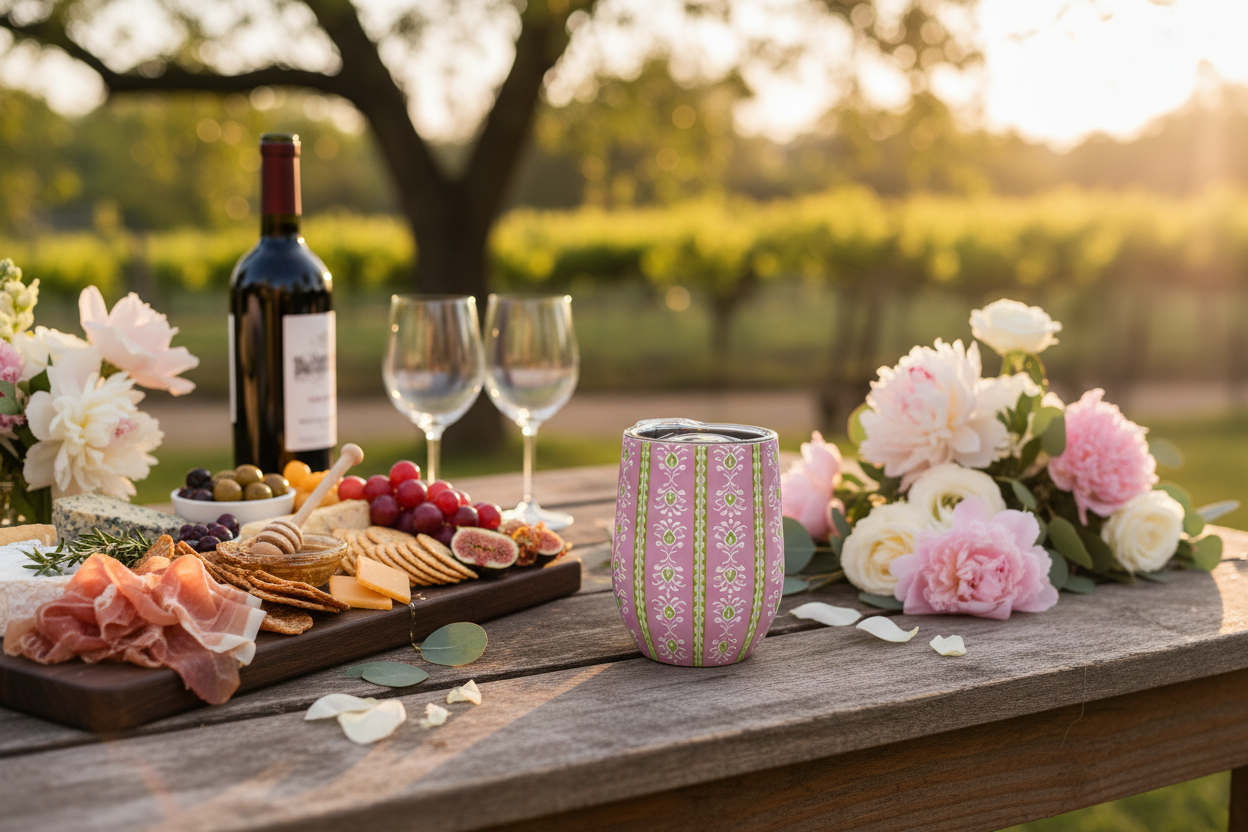 Floral Stemless Tumbler – Outdoor Table Lifestyle