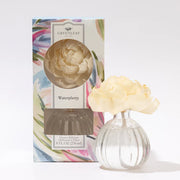 Clear glass diffuser with floral design and a decorative box labeled 'Greenleaf' on a white background.