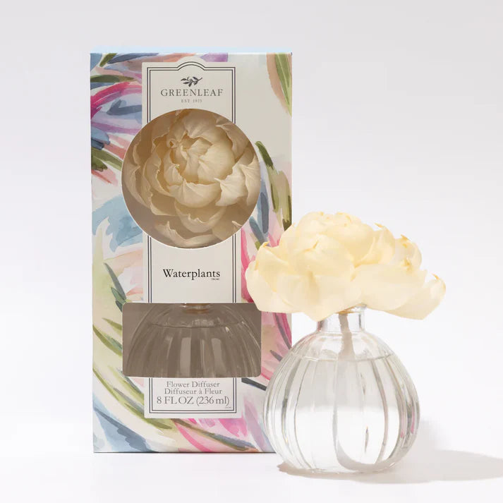 Clear glass diffuser with floral design and a decorative box labeled 'Greenleaf' on a white background.