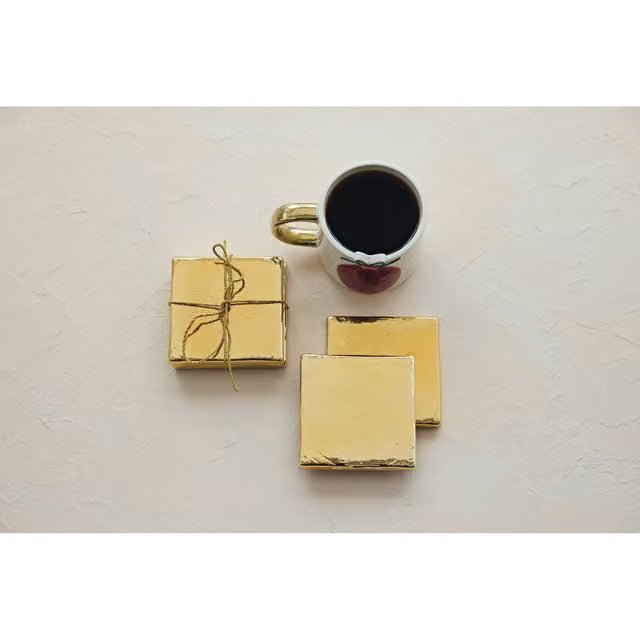 Gold Finish Square Glass Coasters - Set of 4
