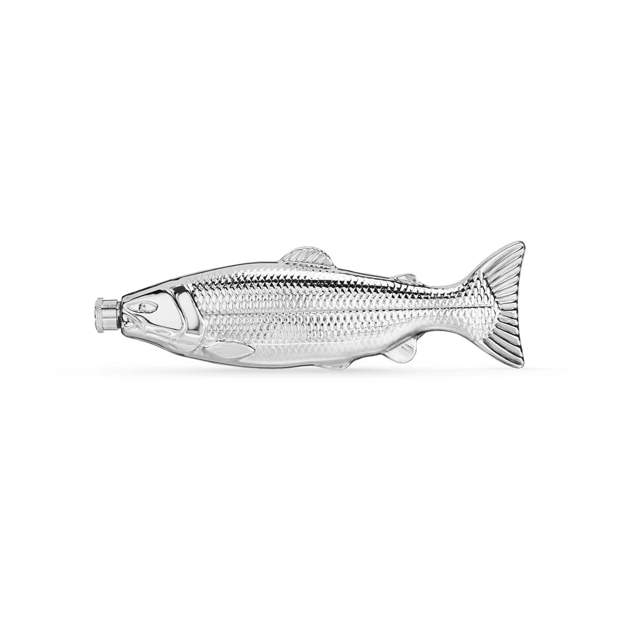 Stainless steel fish flask on white background