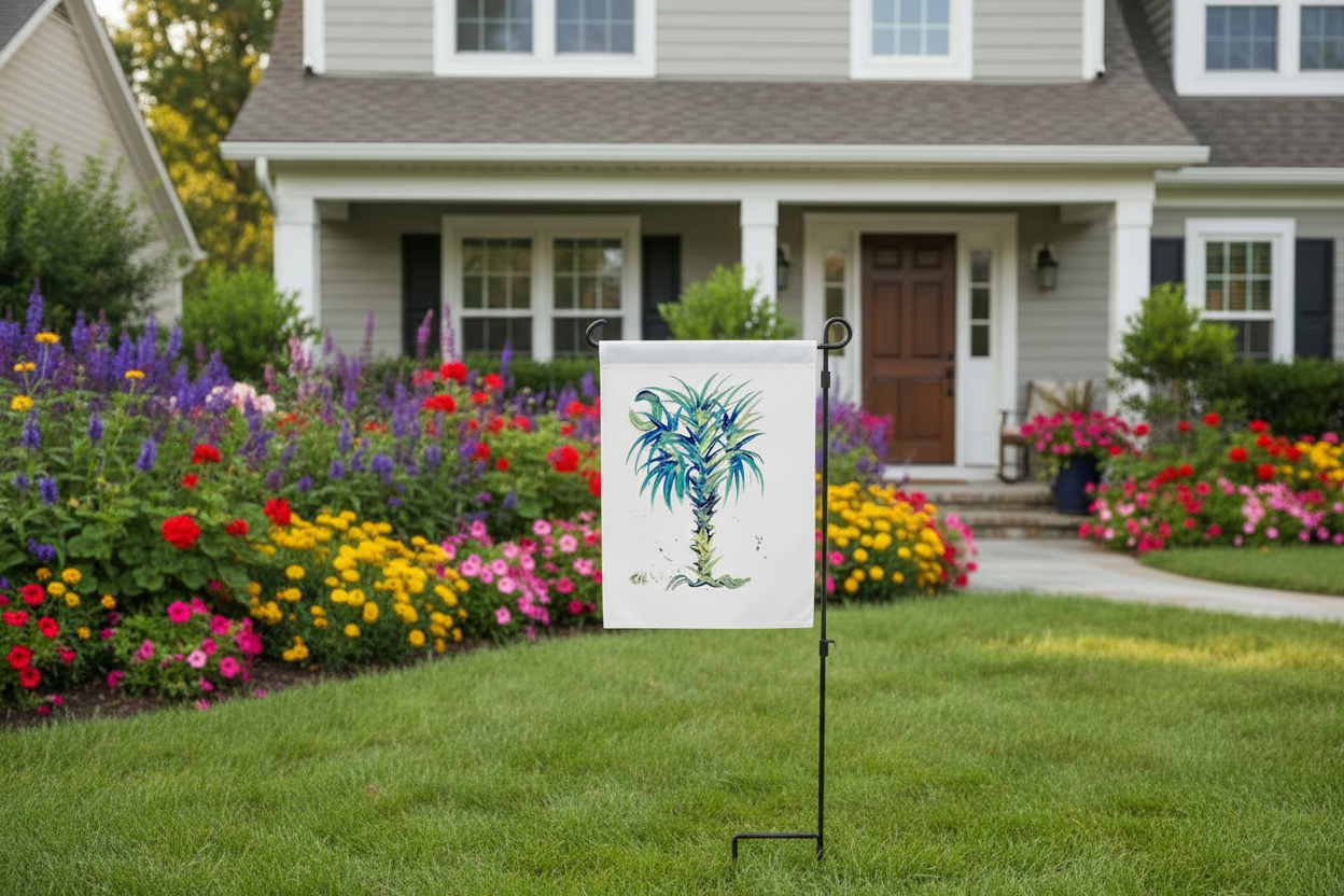 Calmettos Turquoise Splendor Garden Flag in the front yard oa a house.