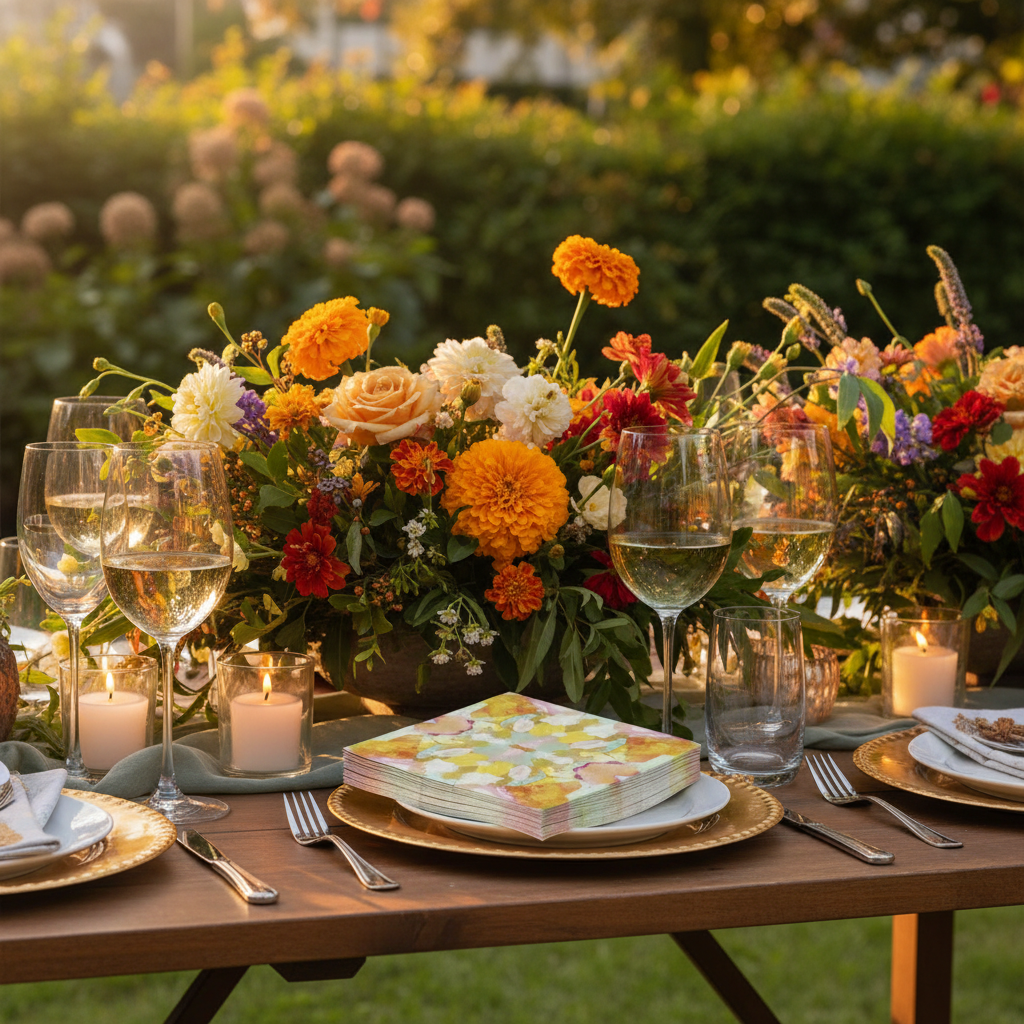 Garden party lifestyle flowers on picnic table set with laura park cocktail napkins