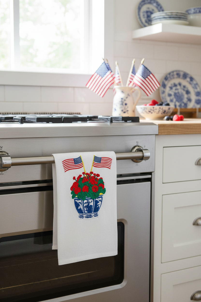 Geranium American Flag Tea Towel Lifestyle