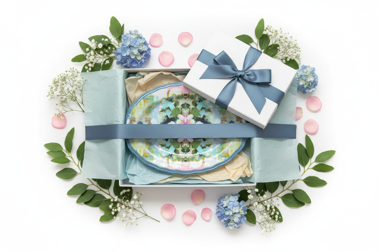 Gift Presentation Flatlay Laura Park  nantucket platter  with a colorful, abstract pattern on a white background