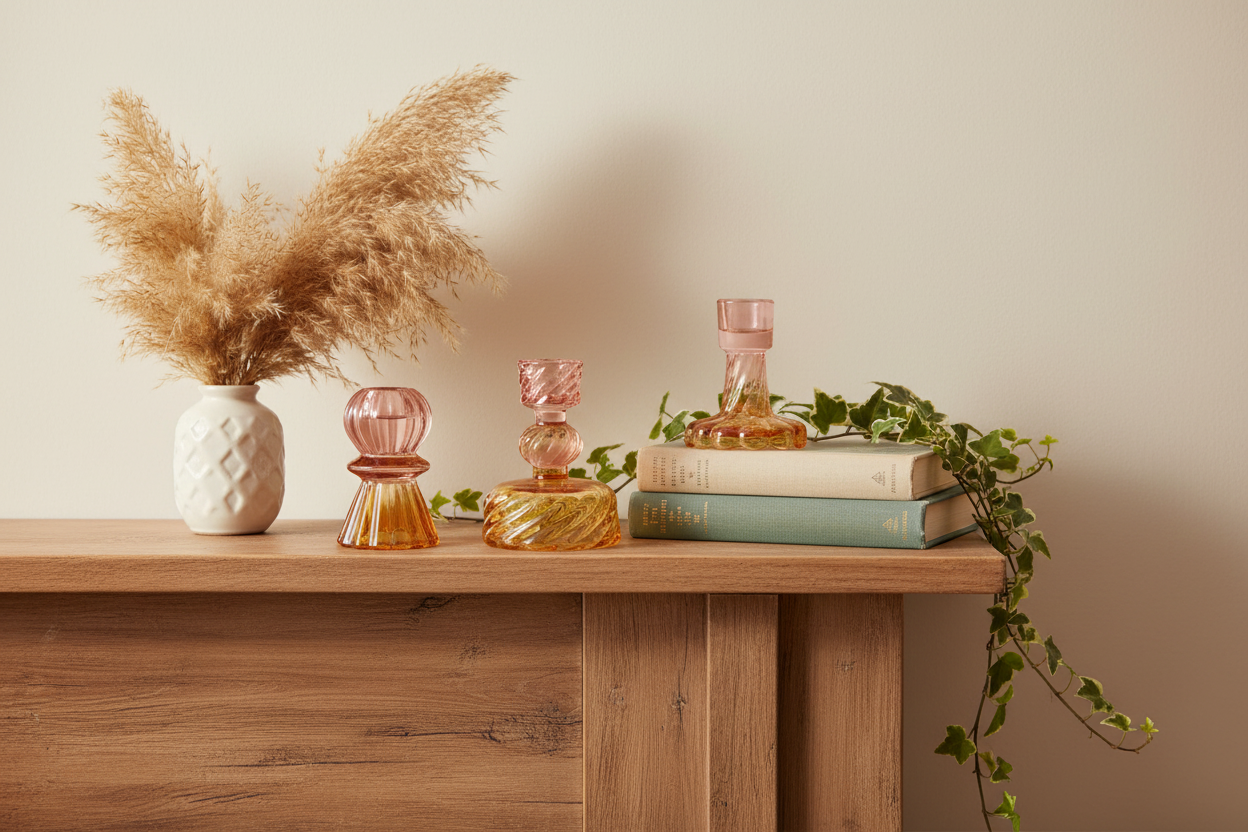 "Hazel Mazel blush and amber glass taper candle holders arranged on a mantel vignette with dried pampas grass, a stack of books, and trailing greenery in warm ambient light"