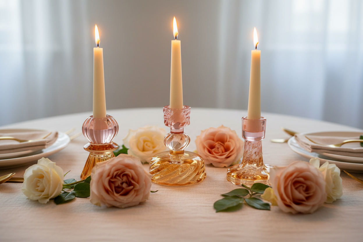 "Hazel Mazel blush pink and amber yellow glass taper candle holders with lit taper candles styled as a romantic dinner table centerpiece with garden roses, linen napkins, and gold flatware"