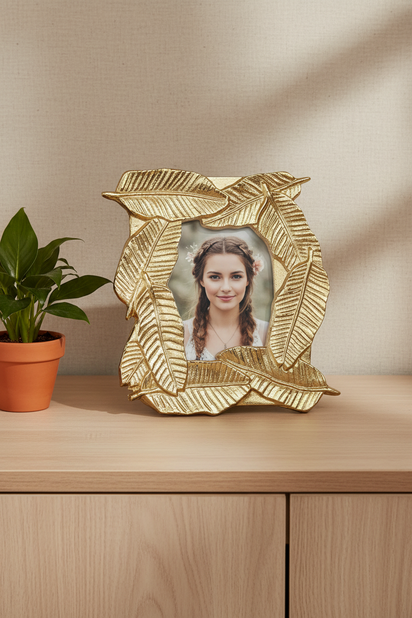 8 Oak Lane Brand Gold Banana Leaf Frame  with picture in frame of young gir on a Console 