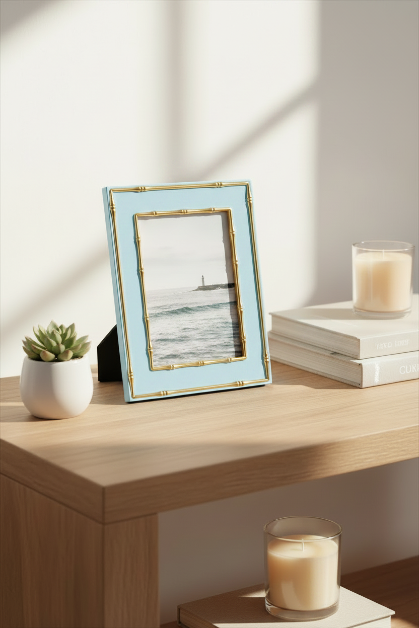 Gold Edged Bamboo Picture Frame - 4" x 6" Light Sky Blue - Lifestyle
