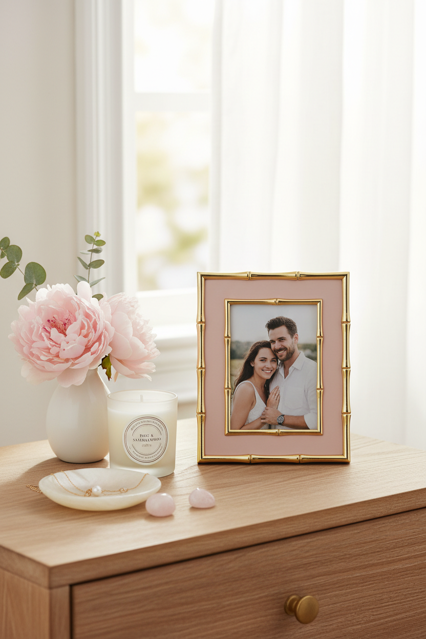 Gold Edged Bamboo Picture Frame - Pink Enamel on wood dresser with flowers in a vase and white cur- Lifestyleains on window in. background