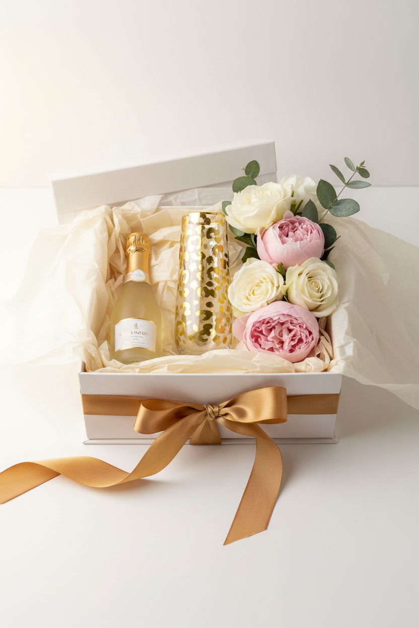8 Oak Lane brand Gold Leopard Champagne Glass –shown in gift box with flowers and champane  - Gift Styling
