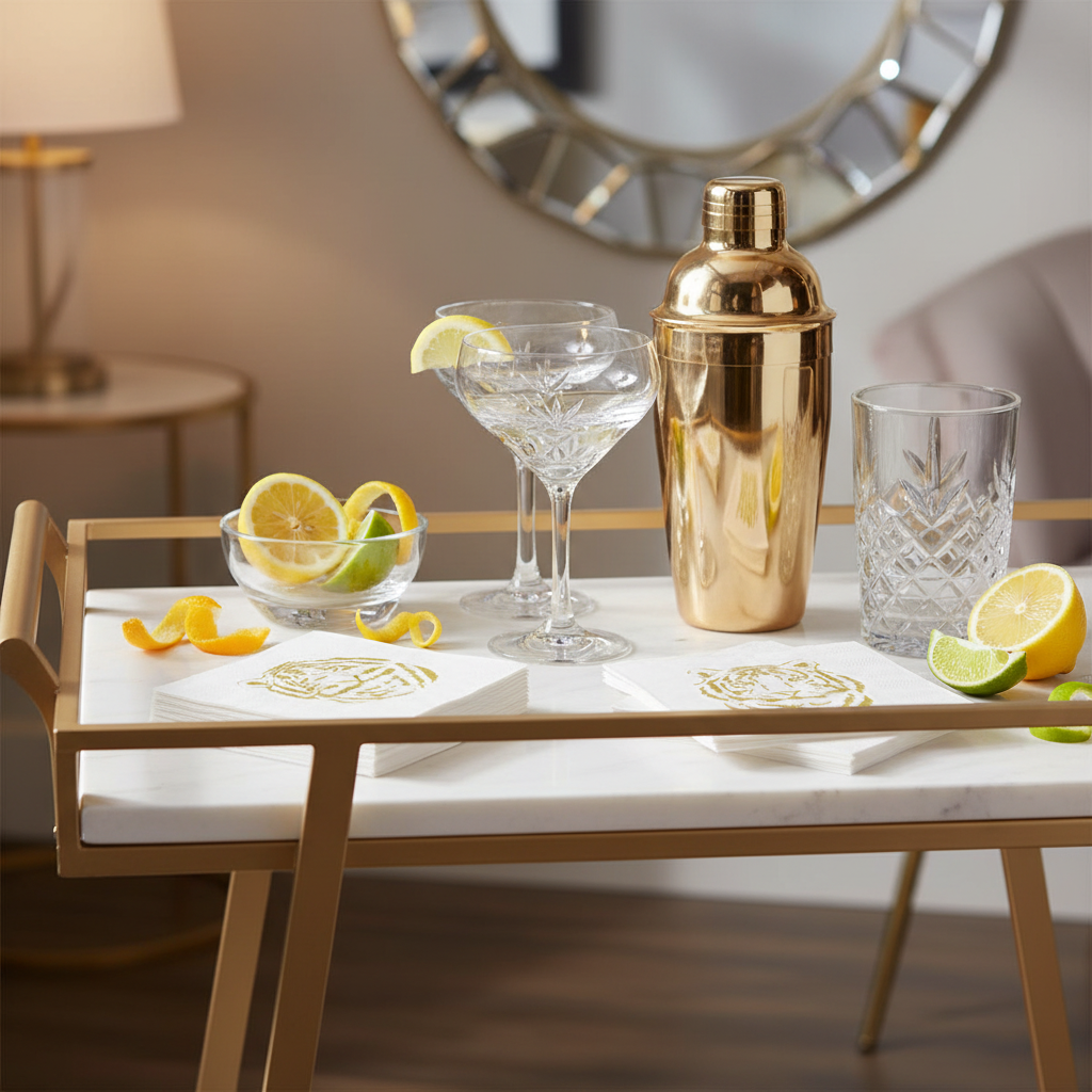 The Royal Standard brand Gold tiger cocktail napkins on a marble bar cart with crystal glassware and gold cocktail shaker, premium entertaining accessory"