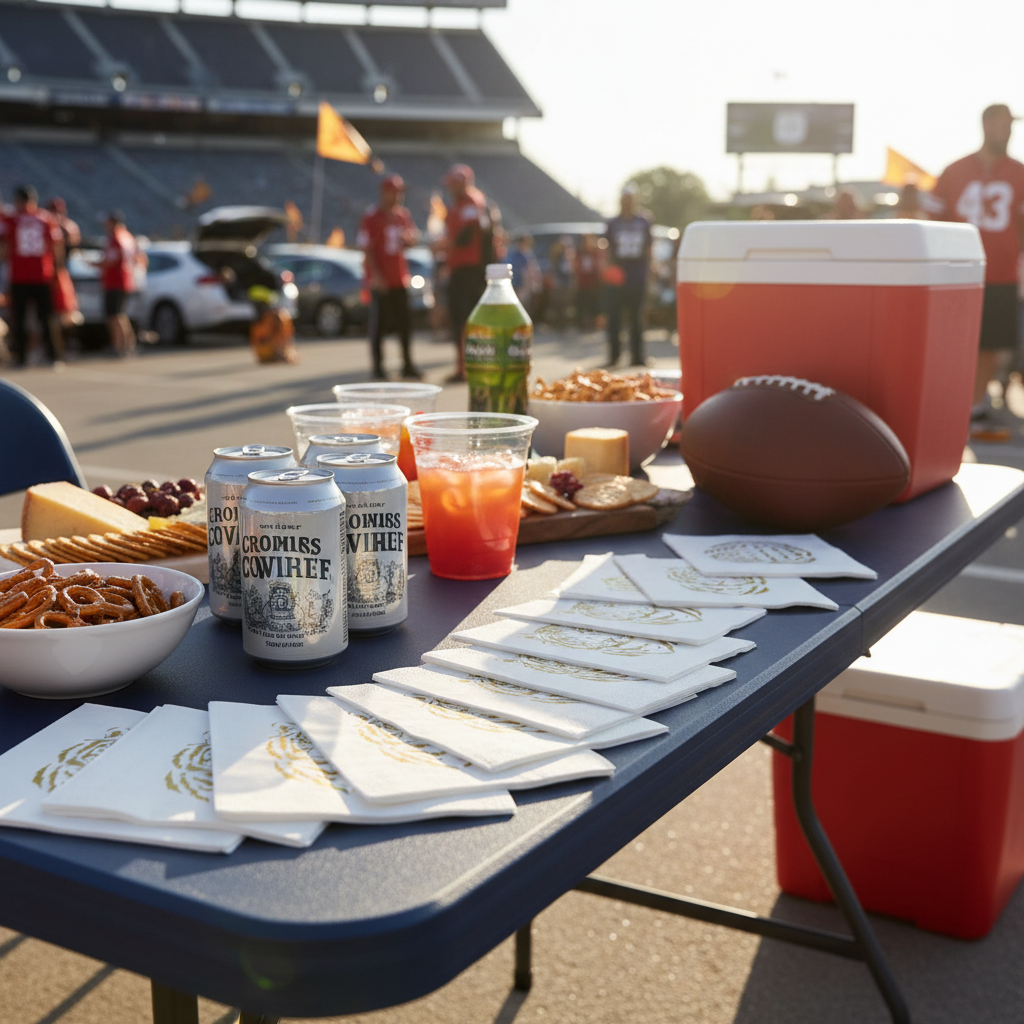 The Royal Standard Brand Gold tiger print cocktail napkins fanned out on a tailgate party table with drinks and snacks, game day entertaining"

