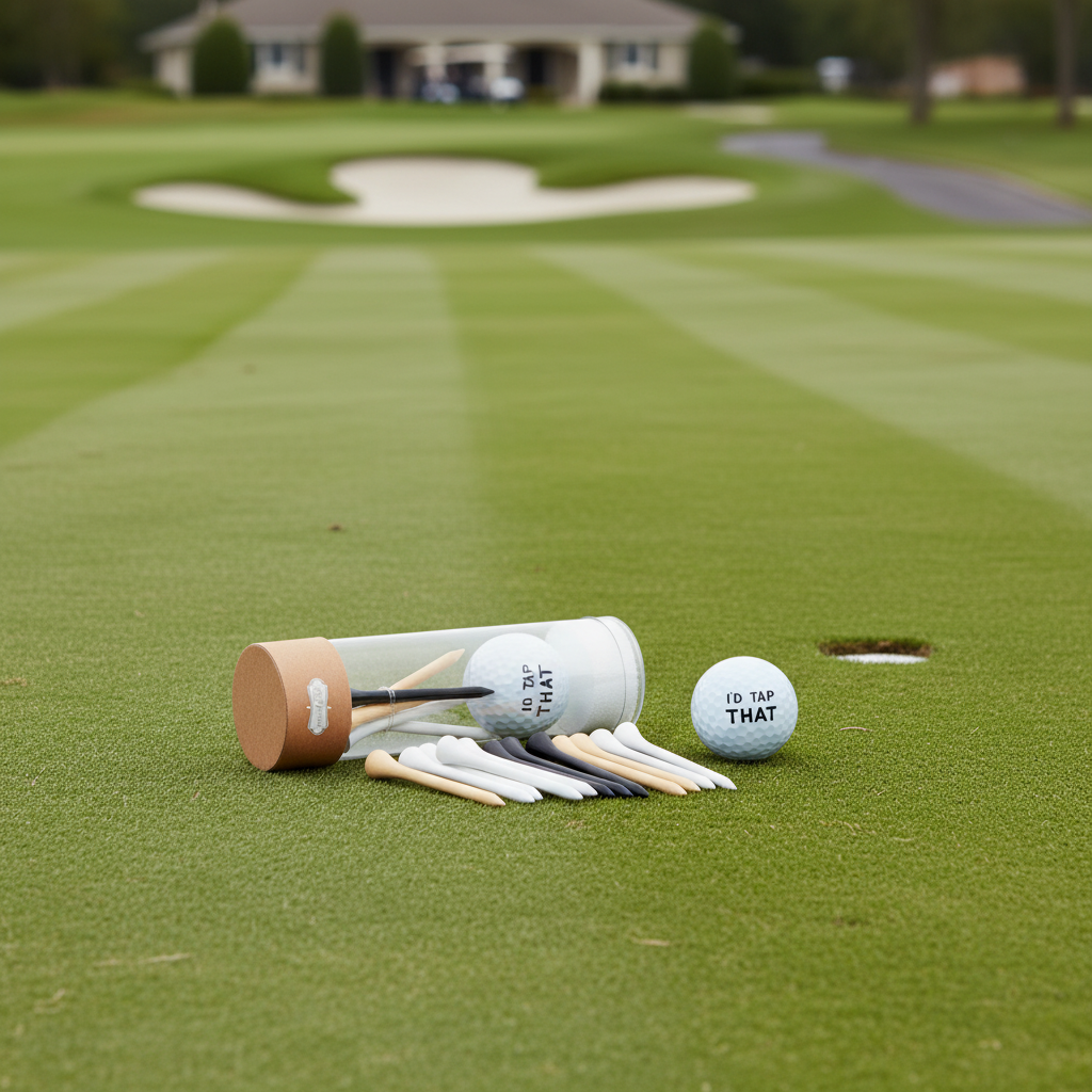 Mudpie brand Golf ball tee set displayed on a putting green