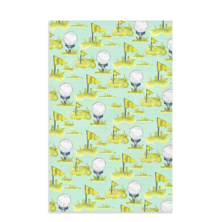 Tea Towel - Golf - Microfiber- this picture shows the tea towel print which is of the golf holes and golf balls on tees with a white background 