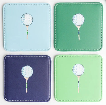 Coasters - Leather - Golf - Set of 4 - different colors with golf ball art on each coaster 