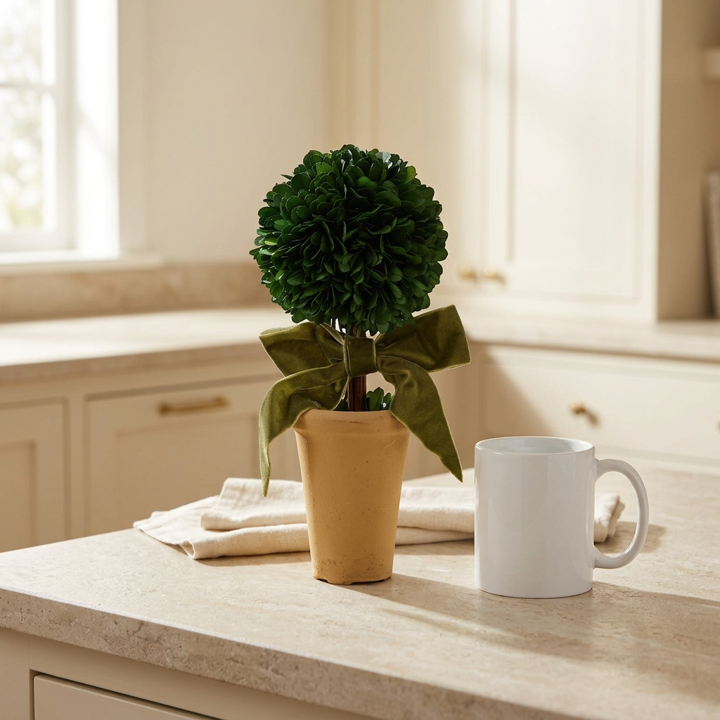 Green-bow boxwood topiary on a kitchen counter