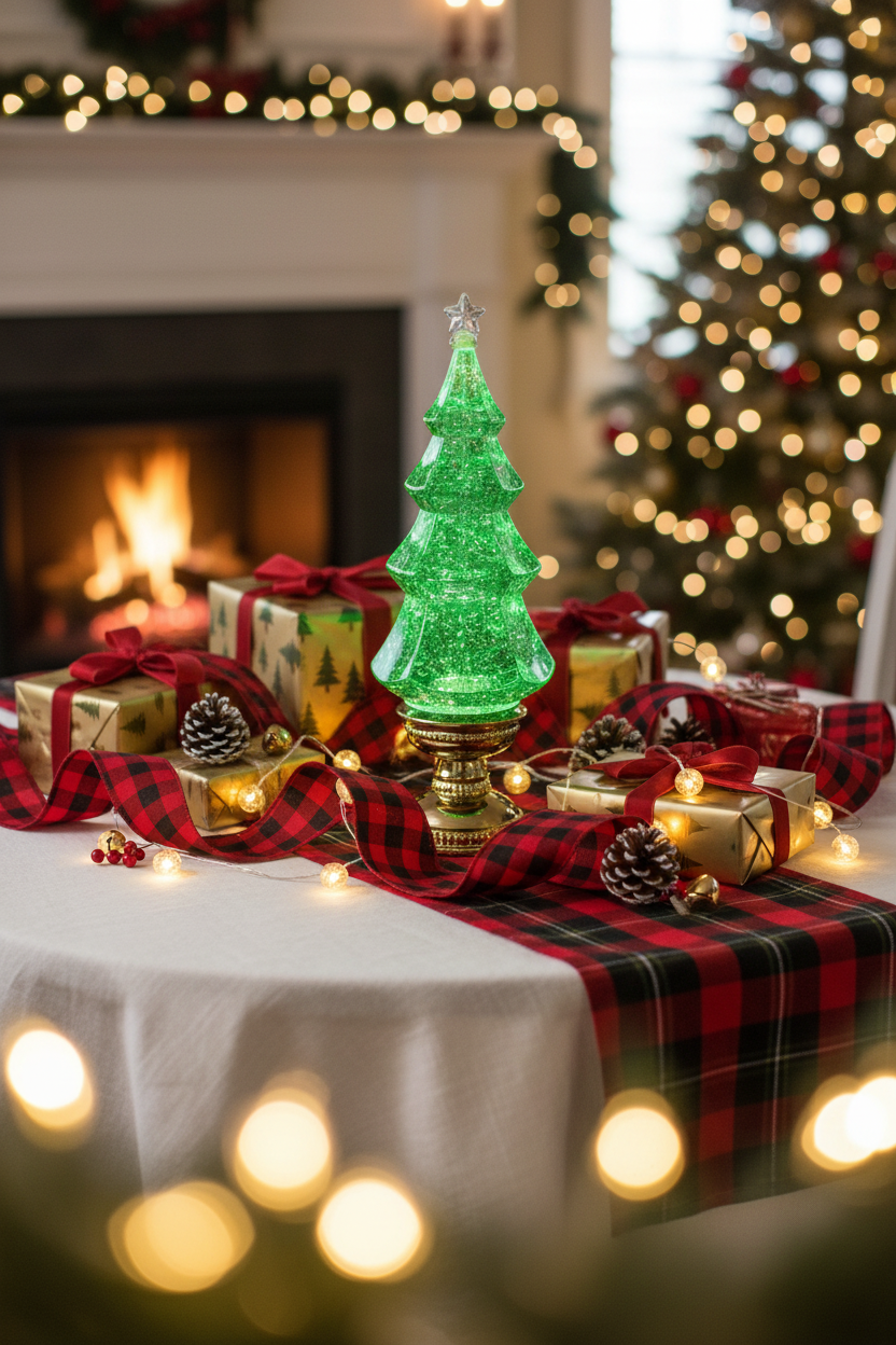 Green Glitter Water Lantern Tree -on a Holiday Tablescape