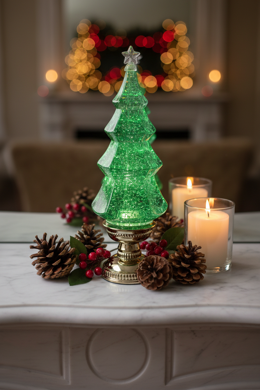 Green Glitter Water Lantern Tree  on a decorated Christmas Table 