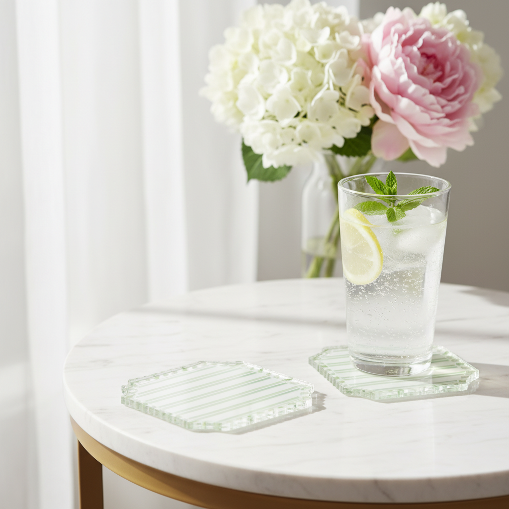 green striped acrylic square coaster on a white table with flowers and a drink with ice

