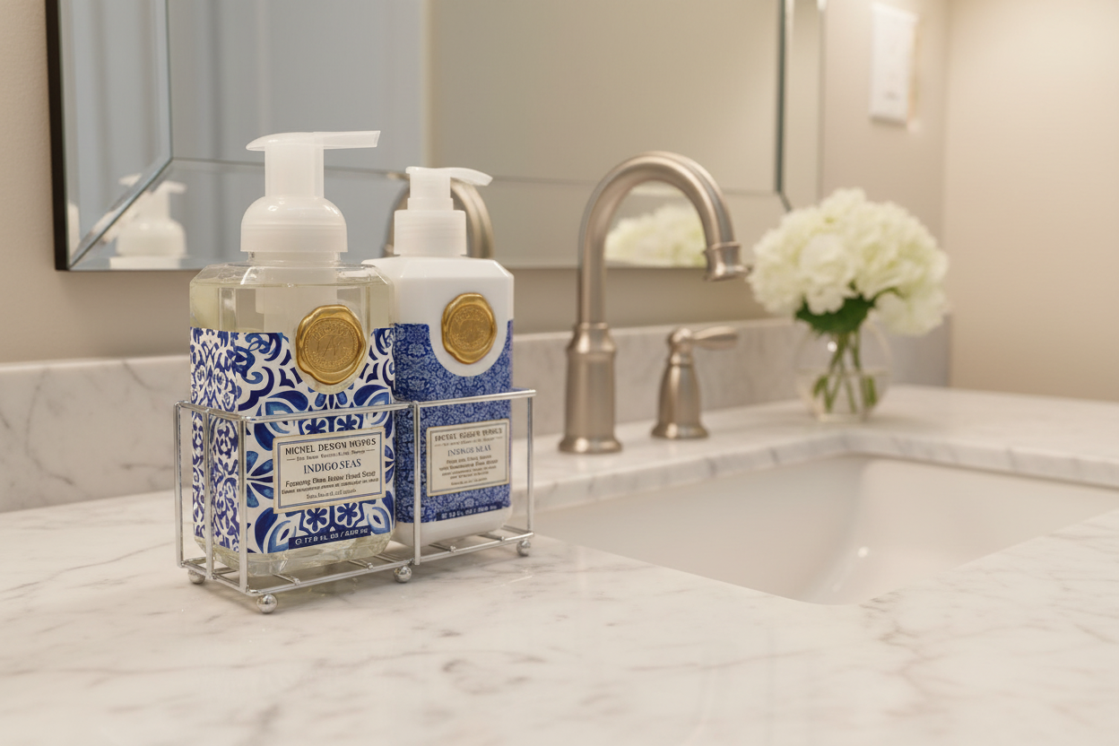 Bathroom counter with soap dispensers, a vase of flowers, and a mirror.