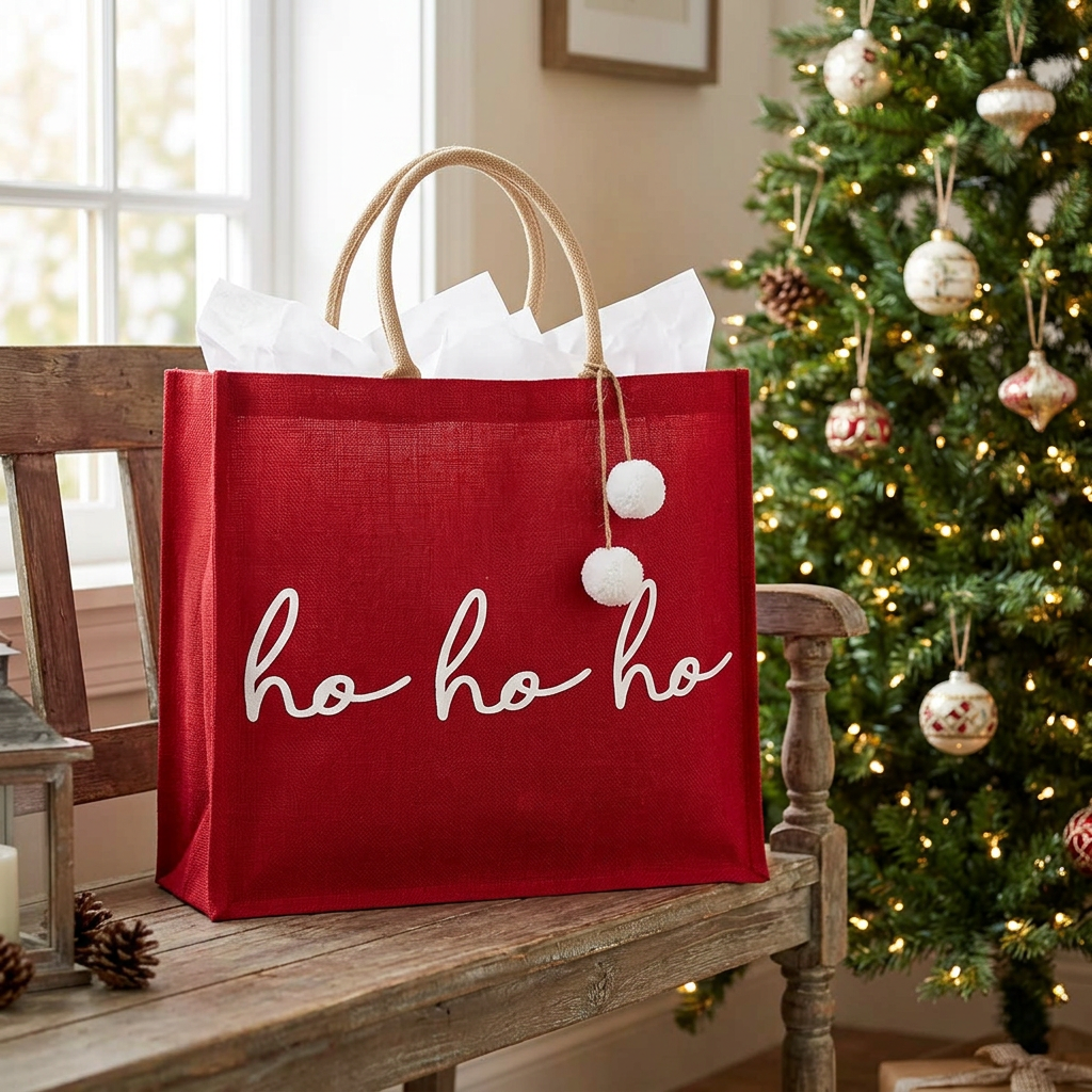 Ho Ho Ho tote beside a Christmas tree