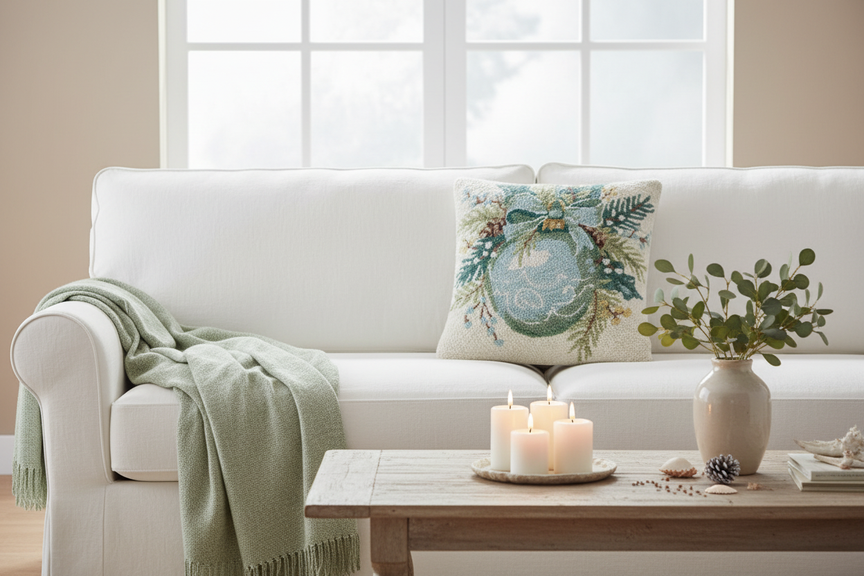 White sofa with Peking Handicrafts Holiday Decorative pillow with a blue ornament and greenery design and a green blanket, accompanied by a wooden coffee table with candles and a vase.