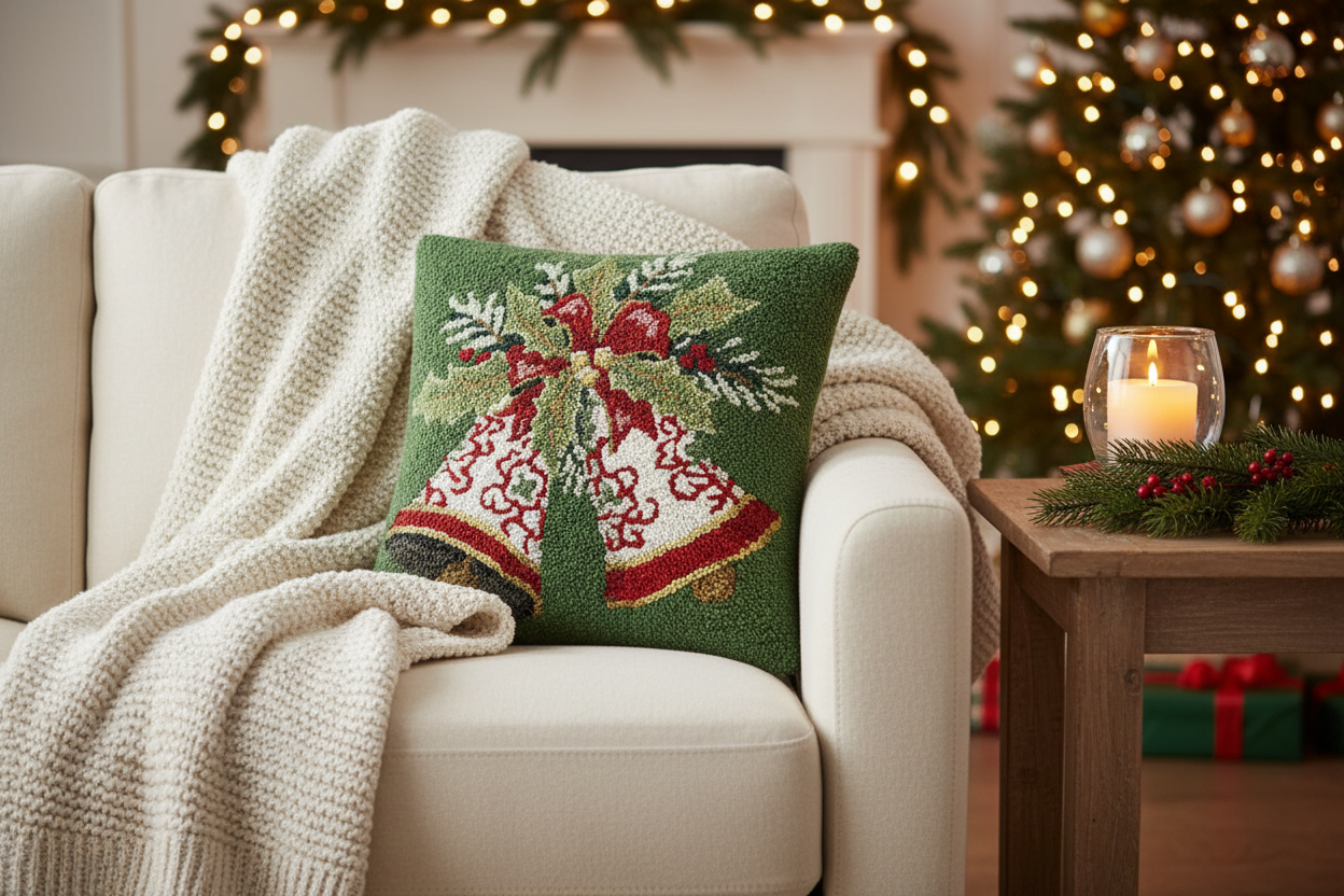 Holiday Hooked Pillow with Bells – Lifestyle