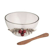 Seasonal - Tidbit Bowl - Holly design on the outside of the bowl.  Separate wooden spreader.  White background 