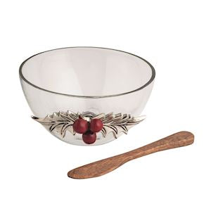 Seasonal - Tidbit Bowl - Holly design on the outside of the bowl.  Separate wooden spreader.  White background 