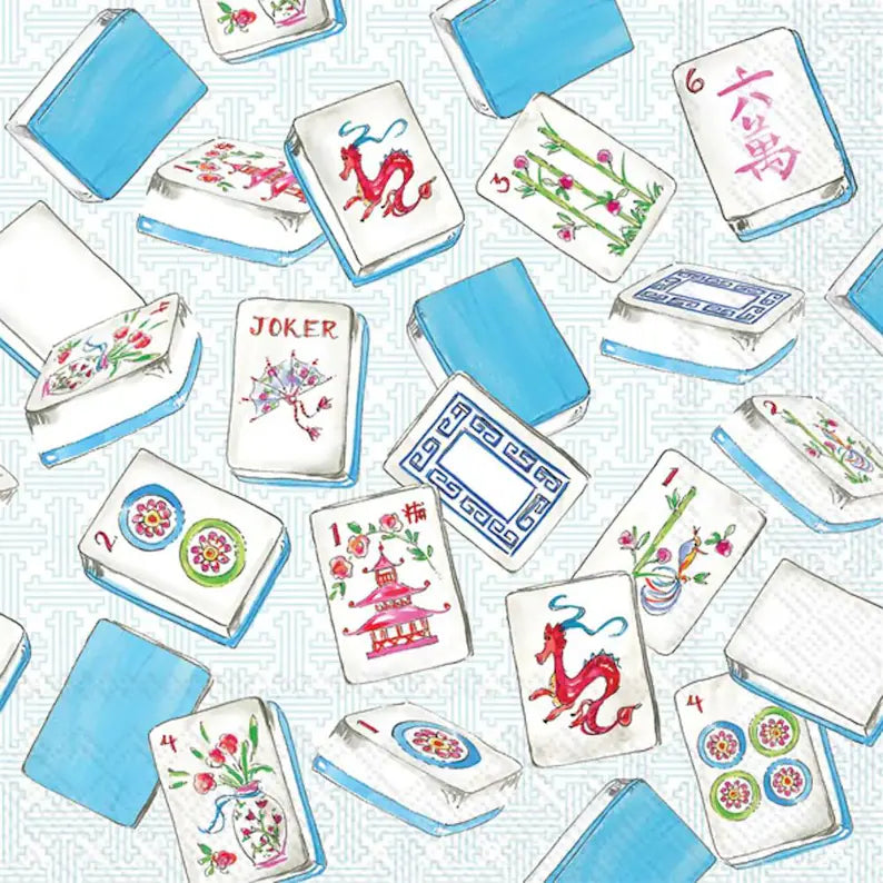 Napkins - Cocktail - Mahjong- light blue cocktail napkins with various Mahjong tiles 