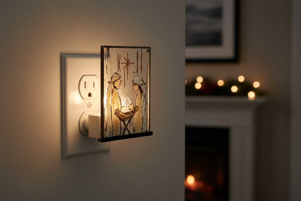 6.25-inch acrylic Holy Family nightlight glowing in a living-room wall outlet near holiday greenery