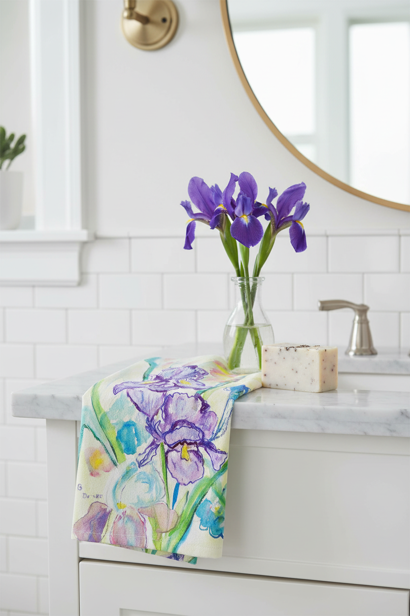 Betsy Drake Interiors Two Irises watercolor floral guest towel draped over a white marble bathroom vanity with fresh purple irises and artisan soap