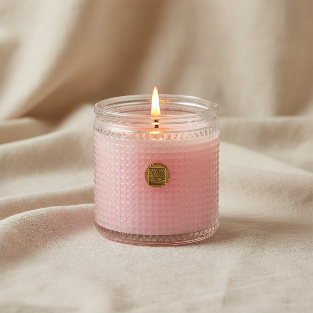Peony Petals Candle 6 oz Pink candle in a textured glass jar with a flame on a beige fabric background