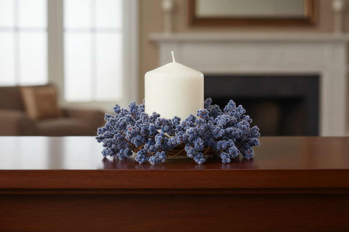 Compact iced dark blue berry candle ring shown around a 3-inch white pillar candle on a mantel