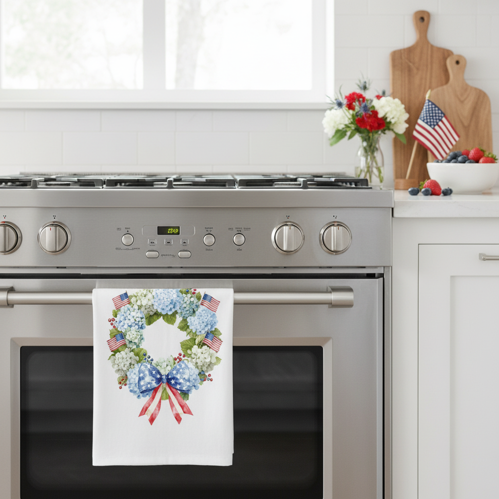 Patriotic hydrangea and American flag wreath tea towel styled in a bright kitchen with 4th of July decor