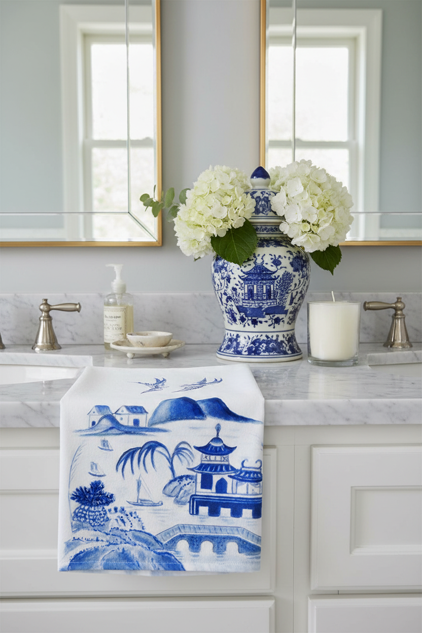 Betsy Drake Interiors Canton Scene blue and white chinoiserie guest towel draped over a white marble bathroom vanity with a blue and white ginger jar and white candle
