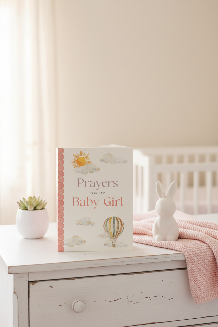 Prayers for my baby girl book on a dresser in a baby girls nursery 