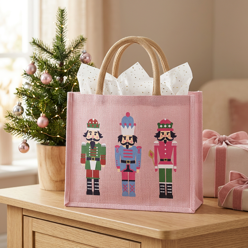 Light pink Nutcracker March gift tote with three colorful nutcrackers and white tissue paper on a console beside a small Christmas tree.