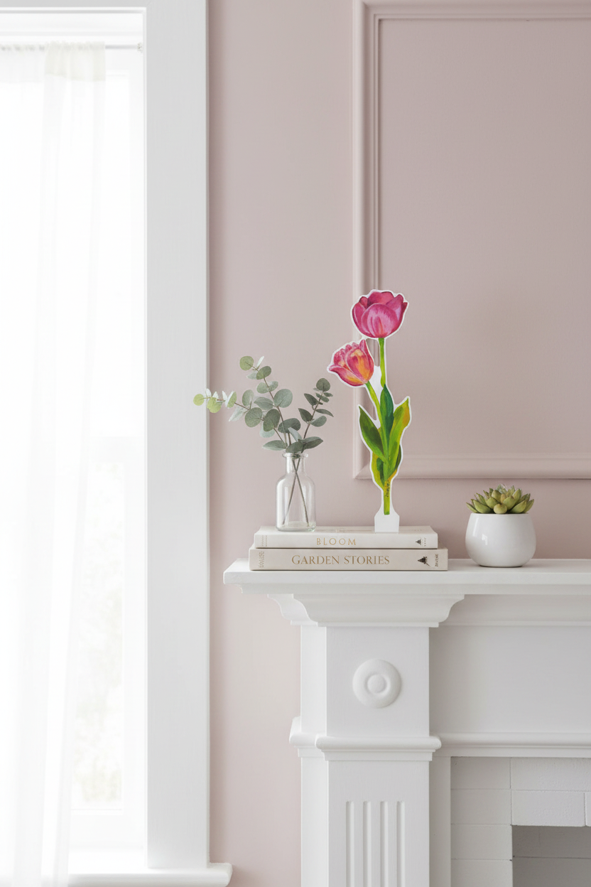 Pink tulips acrylic cutout (6.7" x 2.2") shown to scale on a styled shelf in a bright home interior