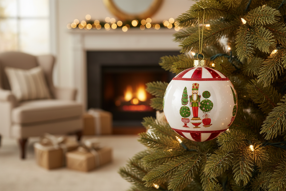 5-inch hand-painted glass Christmas ornament with colorful topiary and nutcracker details hanging on a decorated tree