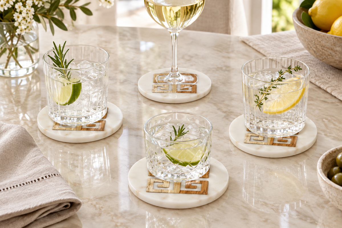 Set of four white marble coasters with wooden Greek key inlay arranged under drink glasses on an entertaining table