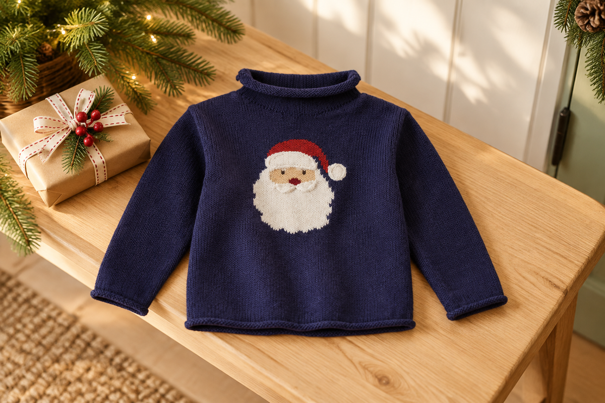Mud Pie navy Santa rollneck sweater laid on a holiday entryway bench, size Large (4T-5T)
