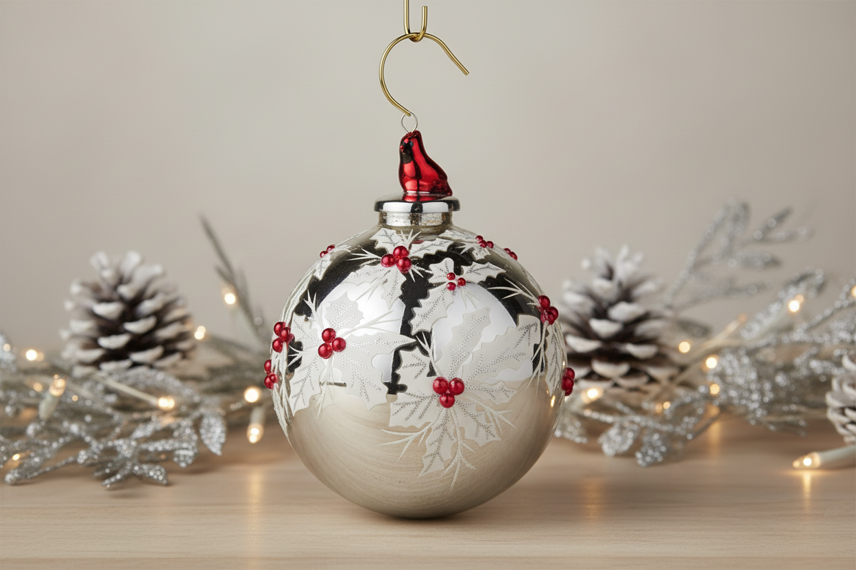 Gray and silver glass cardinal and poinsettia Christmas ball ornament hanging from a gold ornament hook