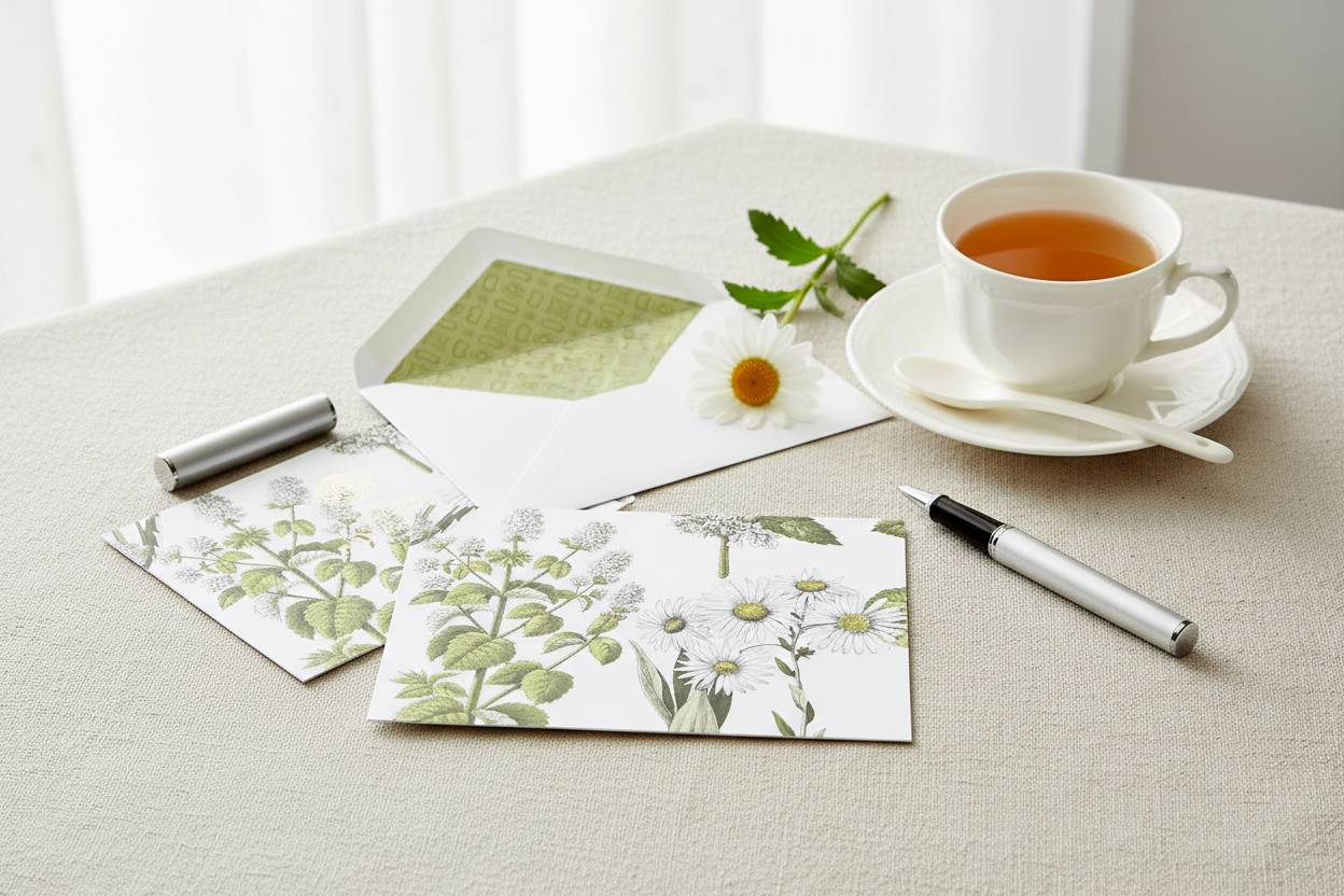 Botanical daisy folded note cards styled on a desk with fresh daisies, pen, and tea